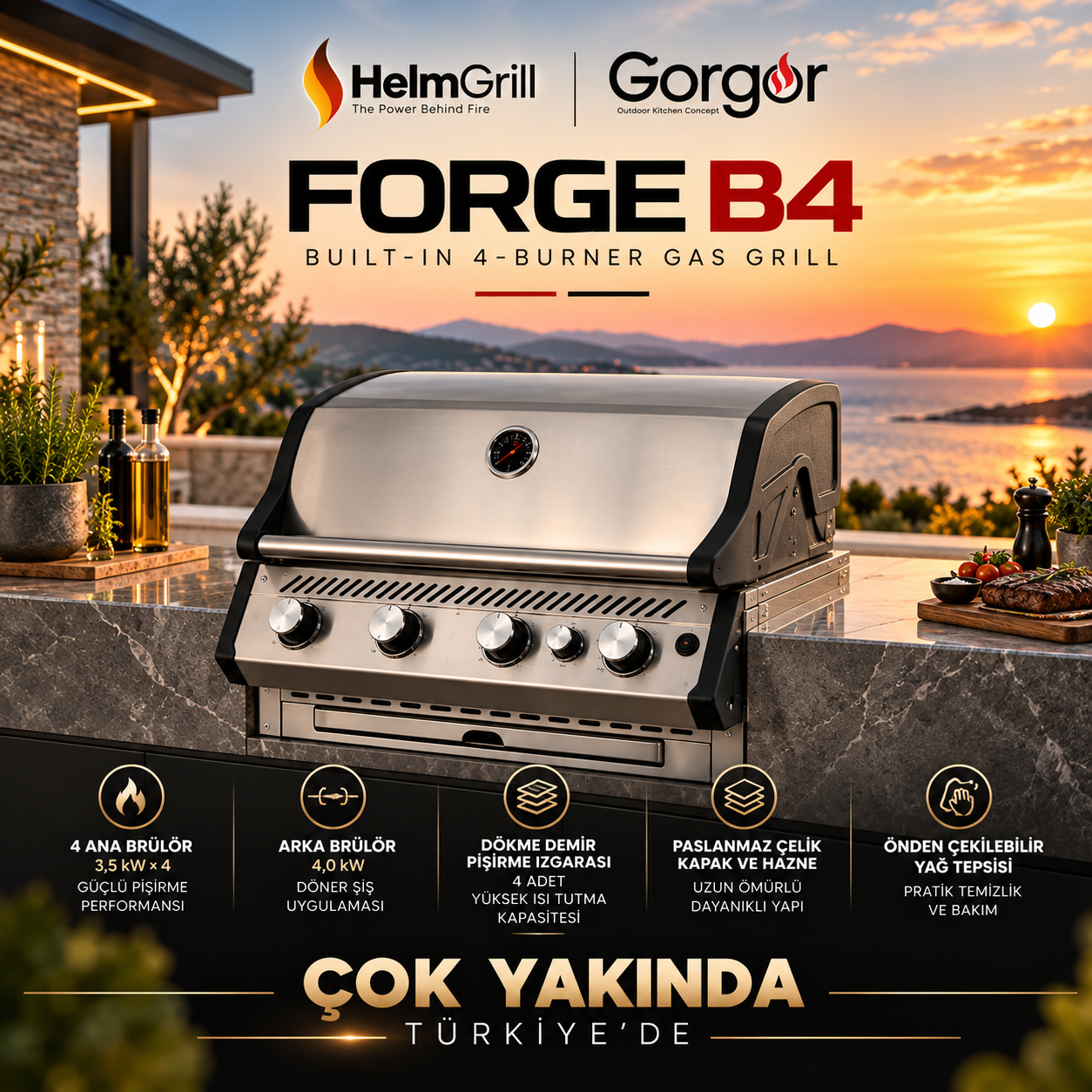 HELMGRILL FORGE B4 – 4 Brülörlü Ankastre Gazlı Barbekü